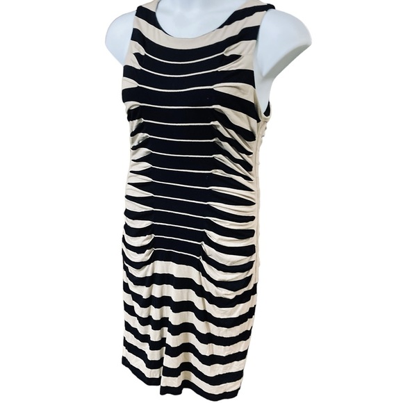 Betsey Johnson Dresses & Skirts - Betsey Johnson Black and Cream Striped Ruched Midi Dress Sz. 14